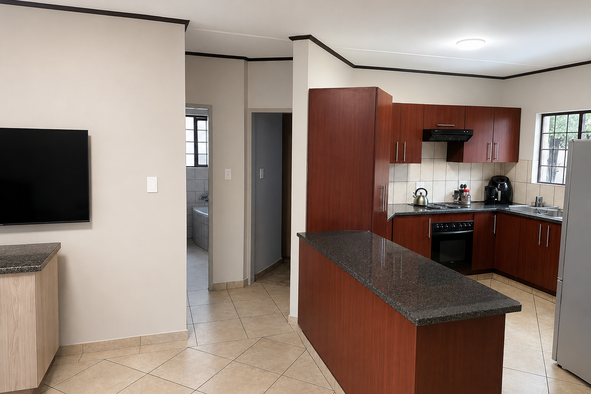 Open-plan kitchen featuring dark wood cabinetry, granite countertops, built-in oven, hob, and extractor fan, with tiled flooring throughout the space.
