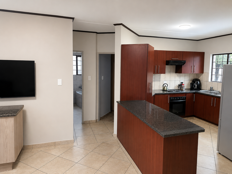 Open-plan kitchen featuring dark wood cabinetry, granite countertops, built-in oven, hob, and extractor fan, with tiled flooring throughout the space.