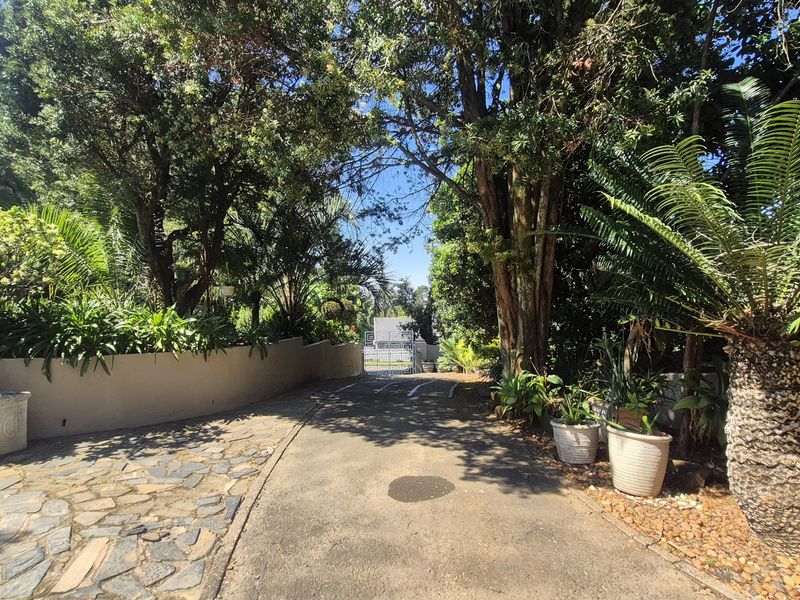A private, tree-lined driveway leading to the property entrance, featuring stone paving, established garden beds, and a secure gated access point.