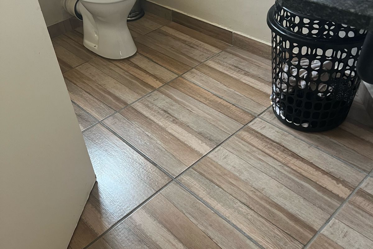 A functional bathroom featuring a toilet, a vanity basin with a granite countertop, and wood-look tiled flooring.