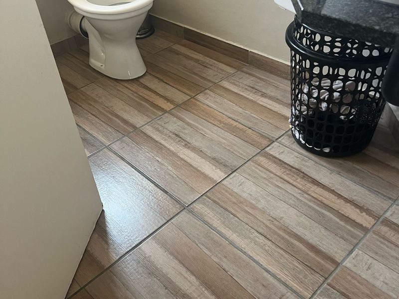 A functional bathroom featuring a toilet, a vanity basin with a granite countertop, and wood-look tiled flooring.