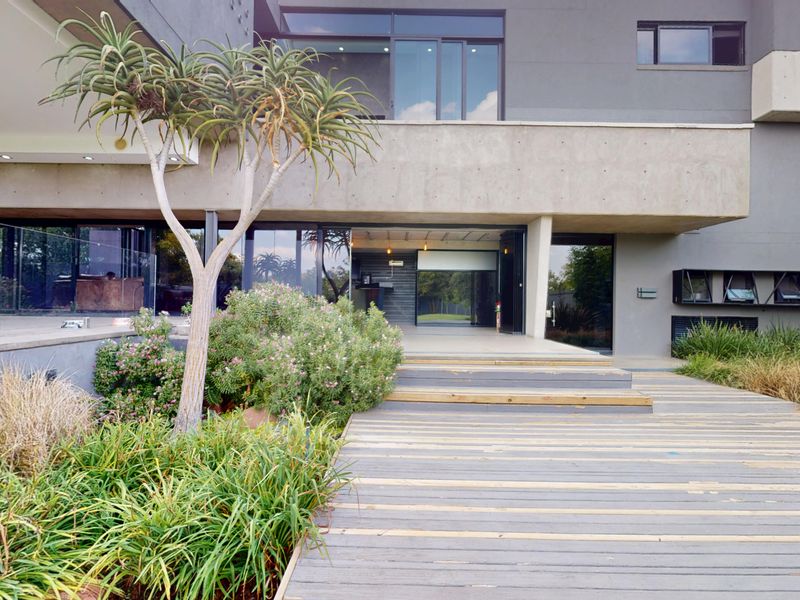 Modern rear exterior featuring a timber deck, concrete architectural elements, and large sliding glass doors leading into the home.