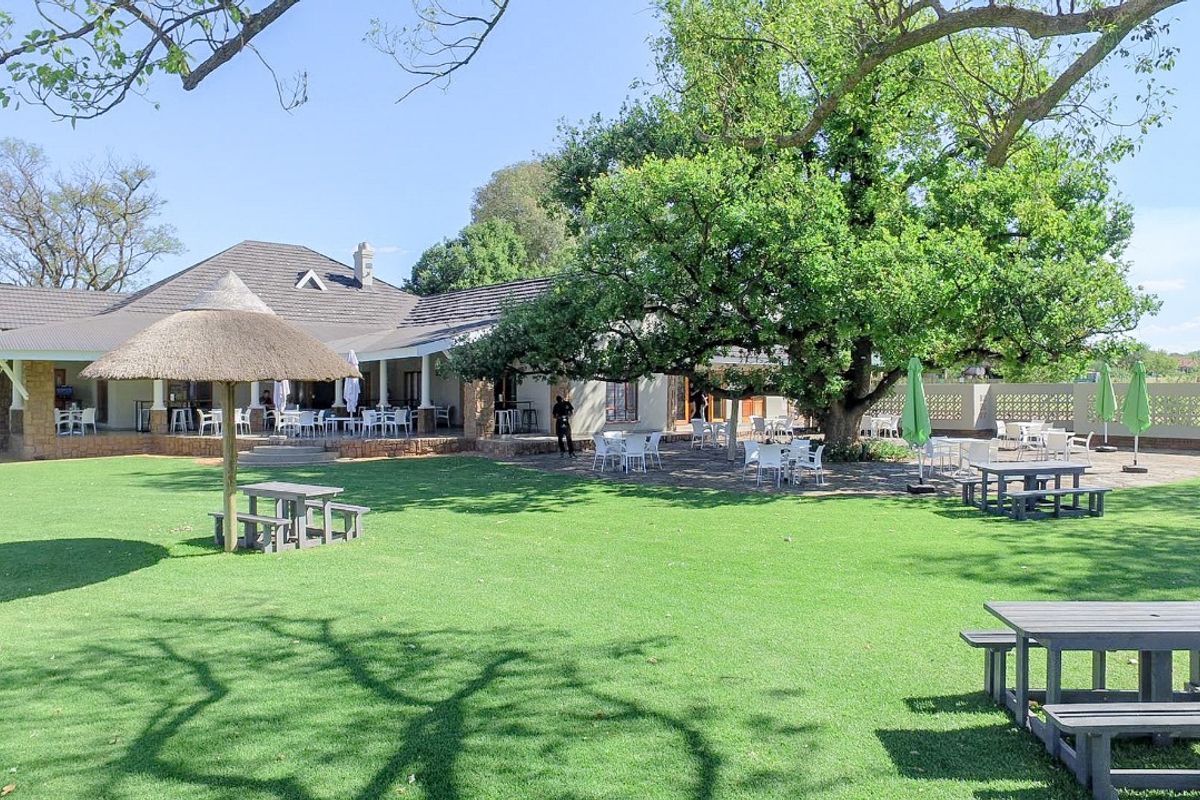 Spacious rear garden featuring a large mature tree, paved patio area, and a traditional thatched lapa, ideal for outdoor entertaining.