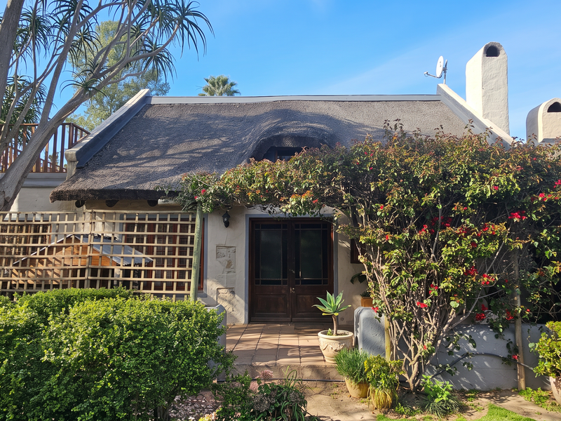Charming cottage-style front elevation featuring a traditional thatched roof, masonry chimneys, and a welcoming tiled entrance patio surrounded by established garden greenery.