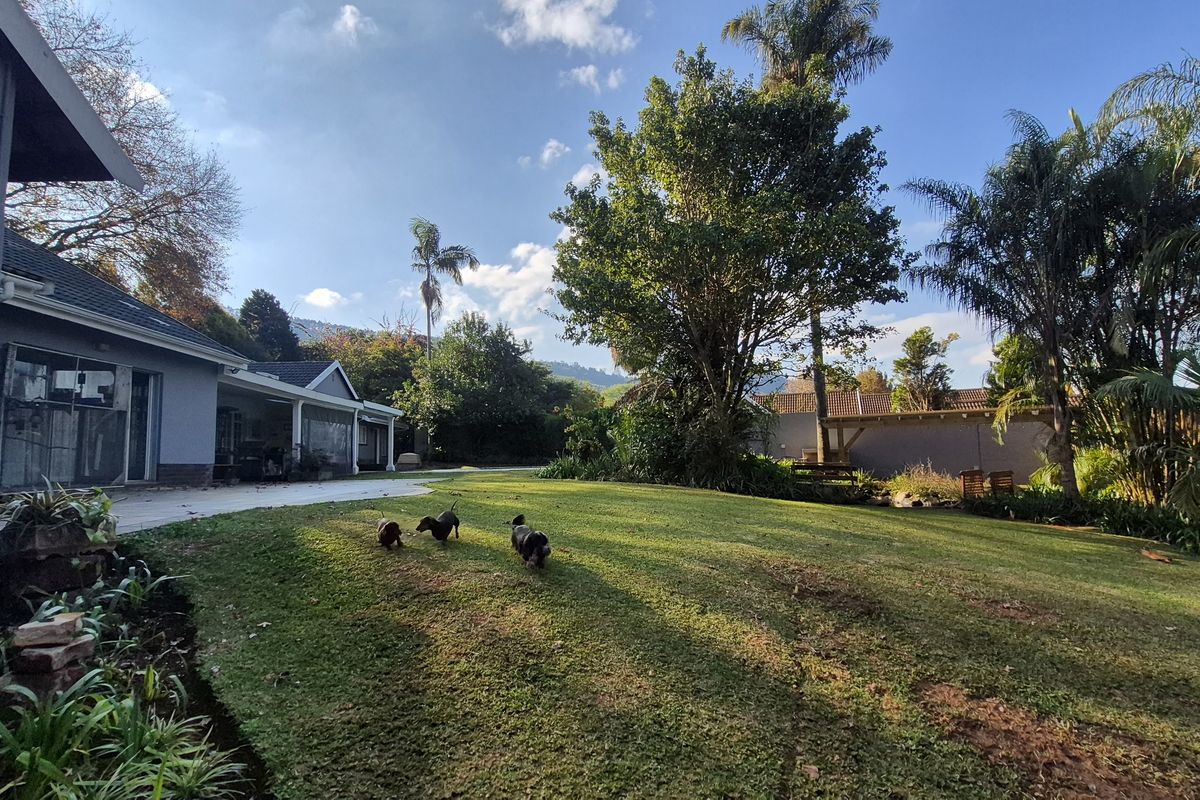A spacious rear garden featuring a well-maintained lawn, mature trees, and a covered patio area attached to the main house structure.