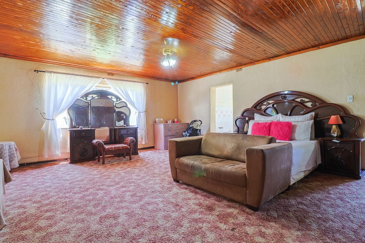 Spacious bedroom featuring a timber tongue and groove ceiling, ceiling fan, and textured walls, offering a dated aesthetic ready for modernization.