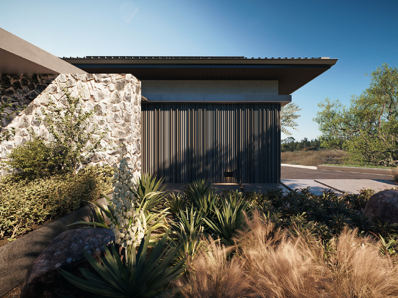 Modern architectural facade featuring natural stone cladding, vertical slat detailing, and a deep overhanging roof, set within a professionally landscaped garden.