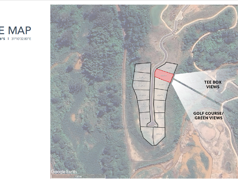 A site map showing the property location within an estate, highlighting proximity to golf course tee boxes and green views.