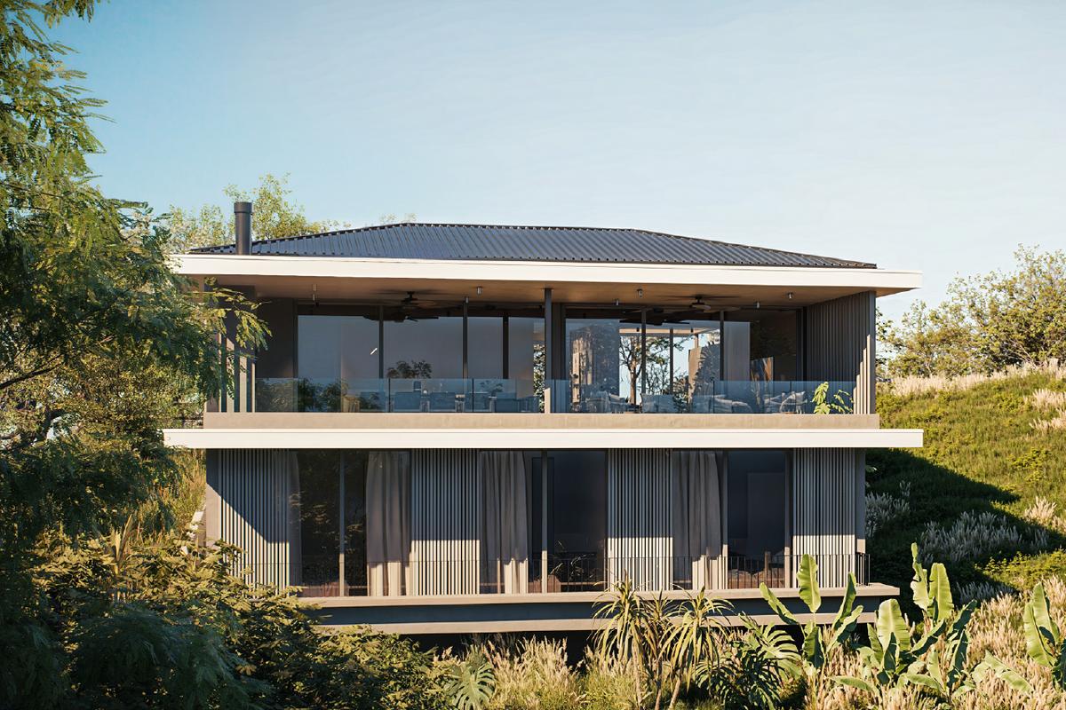 A modern two-story residence featuring expansive glass sliding doors, deep covered balconies with ceiling fans, and contemporary vertical cladding set in a natural landscape.