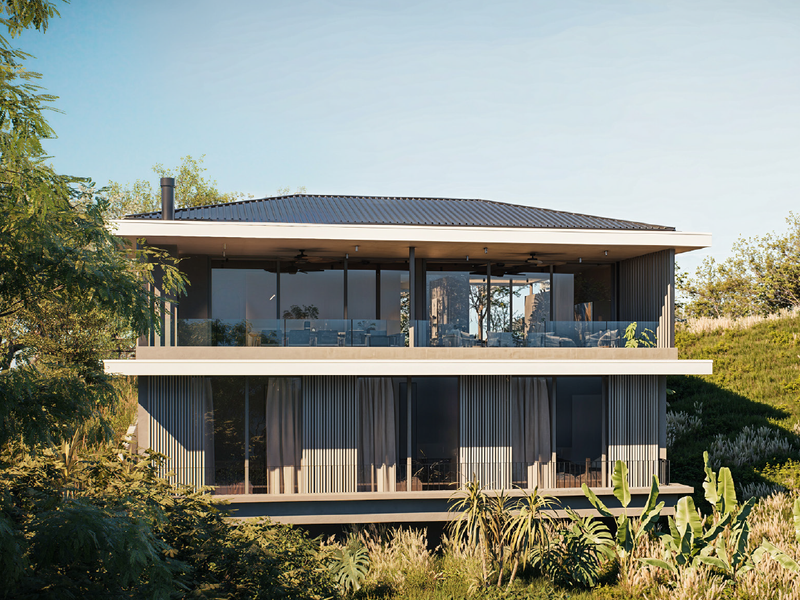 A modern two-story residence featuring expansive glass sliding doors, deep covered balconies with ceiling fans, and contemporary vertical cladding set in a natural landscape.