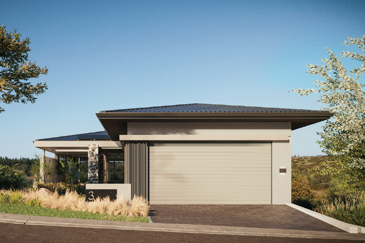 Modern single-story residential facade featuring a clean architectural design, metal roofing, stone accents, and a spacious integrated garage with a paved driveway.