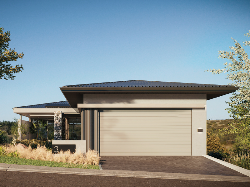 Modern single-story residential facade featuring a clean architectural design, metal roofing, stone accents, and a spacious integrated garage with a paved driveway.