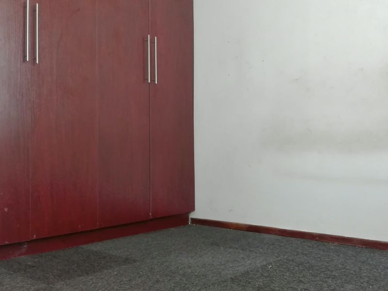 A vacant bedroom corner featuring built-in wooden cupboards, carpeted flooring, and plain walls requiring minor cosmetic attention.