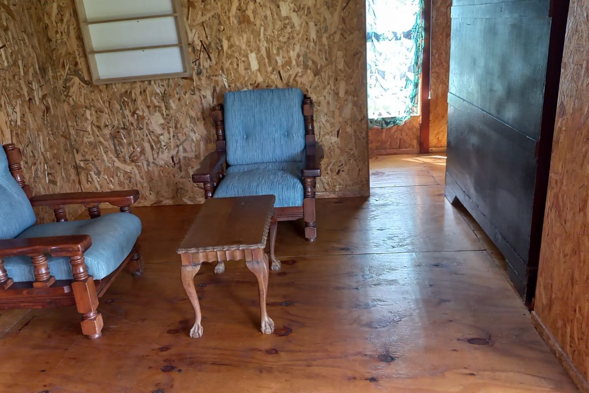 A rustic living area featuring oriented strand board wall paneling and plywood flooring, offering a basic, unfinished aesthetic ready for renovation.