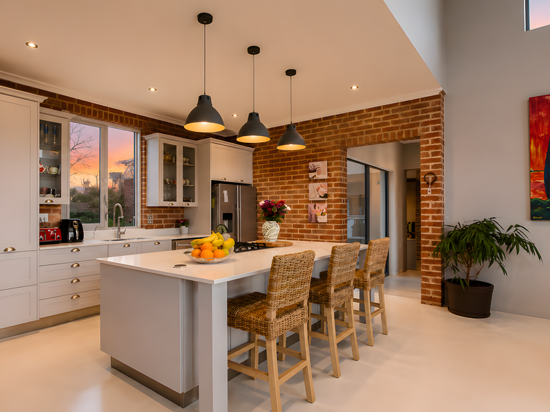 Modern kitchen featuring a central island with quartz countertops, shaker cabinetry, and exposed brick accents, complemented by stylish pendant lighting.