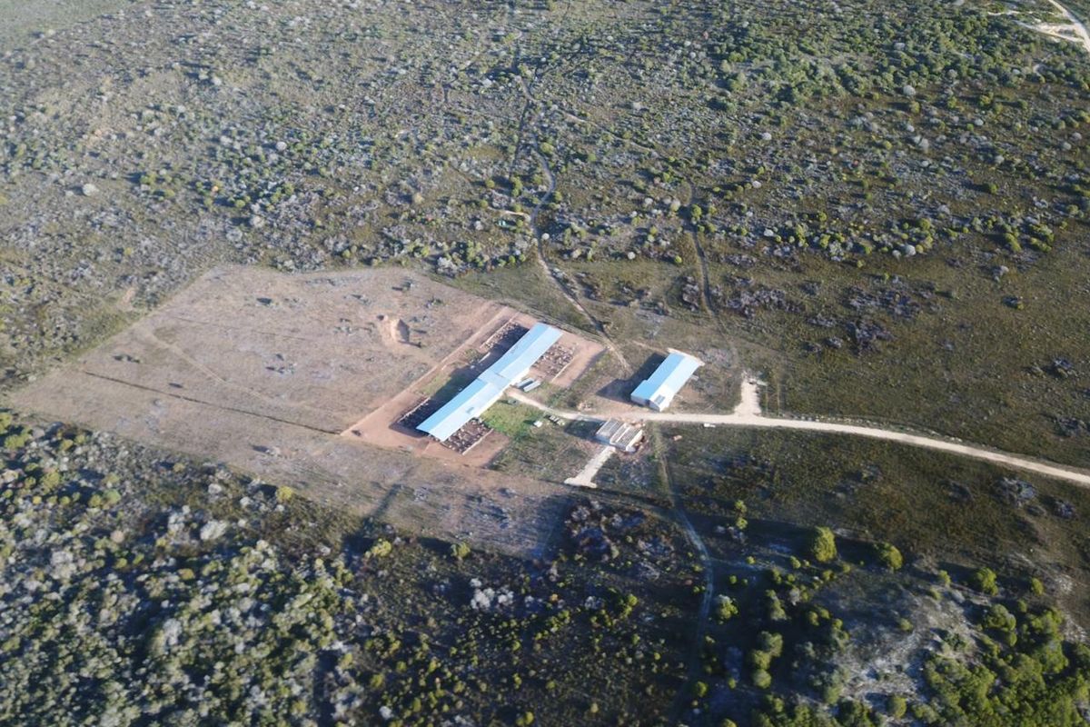 Aerial view of a farm property featuring multiple metal-roofed agricultural buildings, gravel access roads, and fenced livestock enclosures set within a large rural landscape.