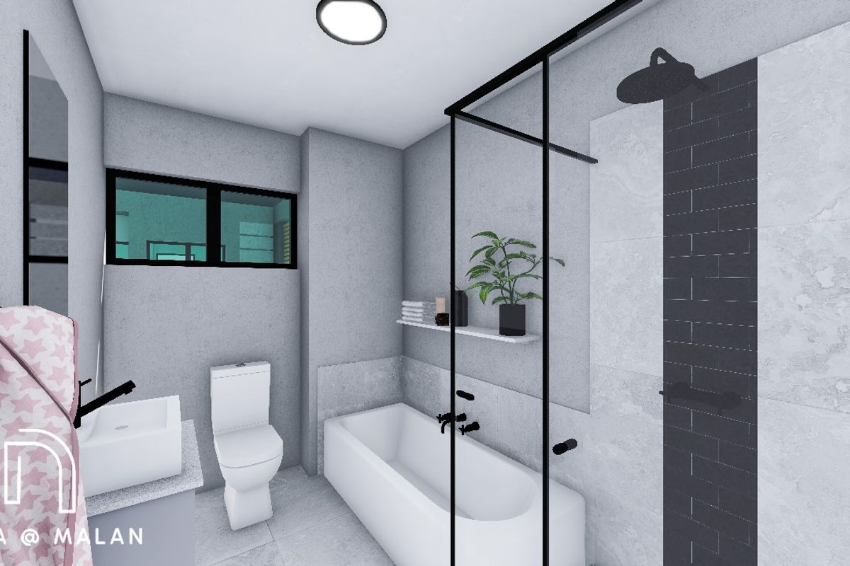 Modern bathroom featuring a sleek bathtub, glass shower screen, contemporary vanity, and minimalist fixtures with neutral grey tiling.