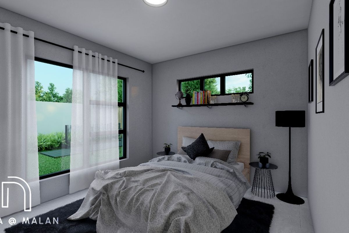 A modern bedroom featuring large windows with garden views, neutral wall finishes, and clean architectural lines.