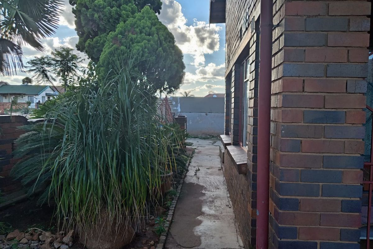 A side exterior view of the property featuring a brick facade, a concrete pathway, and established garden landscaping.