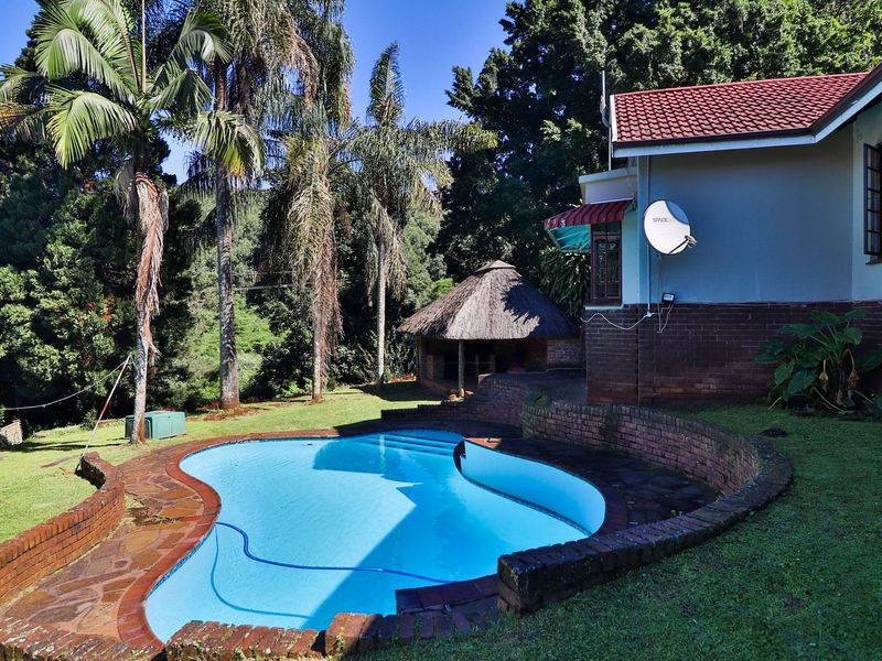 Outdoor pool area featuring a curved brick retaining wall, established garden, and a traditional thatched lapa set against a lush, wooded backdrop.