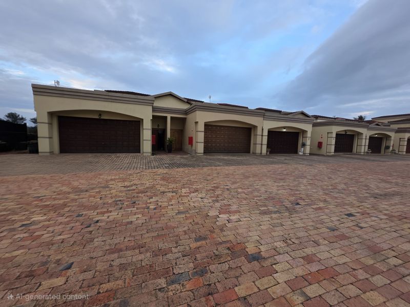 Front exterior view of a residential apartment complex featuring multiple garage doors and a paved driveway area.