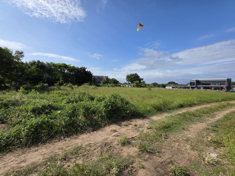 A wide-angle view of a vacant residential plot featuring natural grassland and a dirt access track under a clear blue sky.