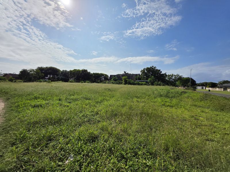 A wide-angle view of a vacant residential plot featuring open grassland and surrounding mature trees under a clear blue sky.