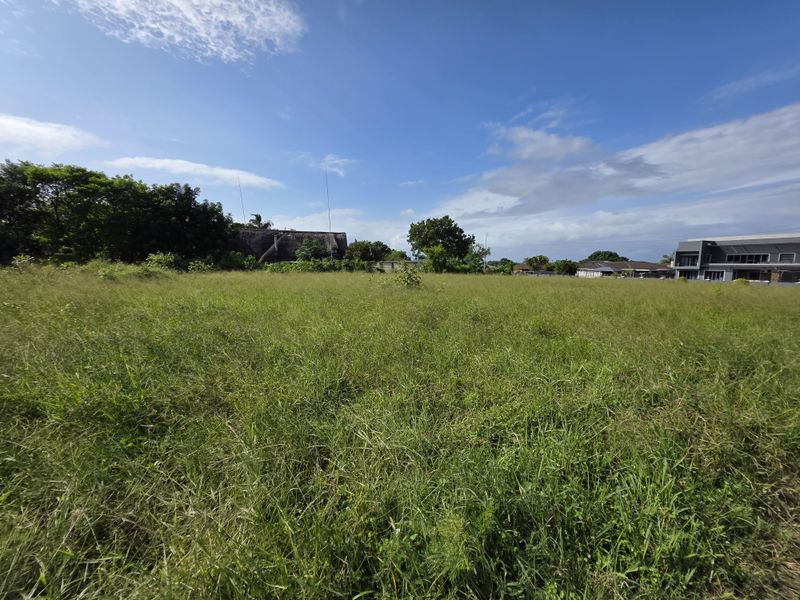 A wide-angle view of a vacant residential plot covered in natural grass, offering a clear space for future development.