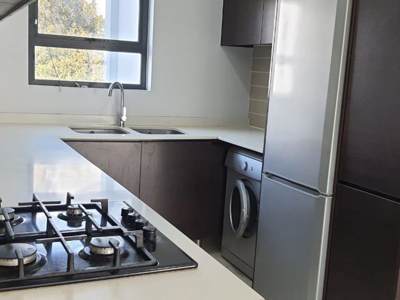 Modern kitchen featuring dark wood cabinetry, stone countertops, a gas hob, extractor fan, and integrated sink with a mixer tap.