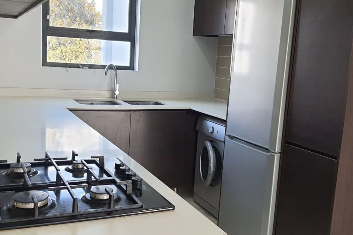 Modern kitchen featuring dark wood cabinetry, stone countertops, a gas hob, extractor fan, and integrated sink with a mixer tap.