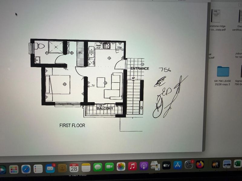 A digital floor plan showing the layout of a one-bedroom apartment with an entrance, kitchen, living area, bathroom, and balcony.