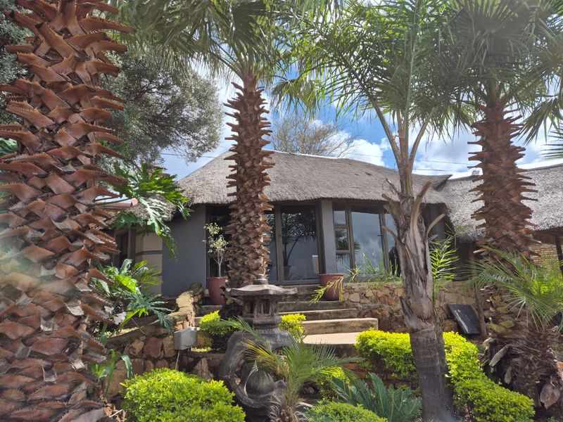A rear view of a house featuring a traditional thatched roof, stone retaining walls, and concrete steps leading to aluminium sliding doors.