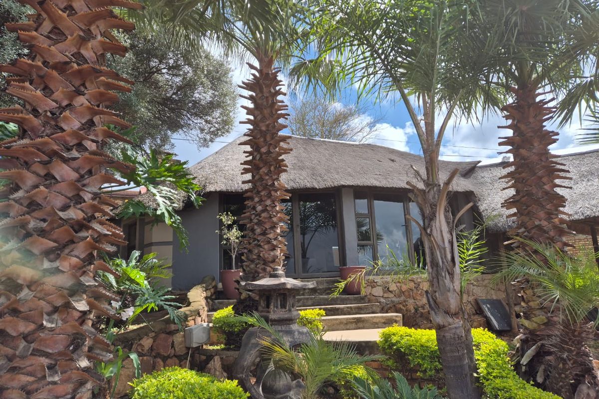 A rear view of a house featuring a traditional thatched roof, stone retaining walls, and concrete steps leading to aluminium sliding doors.