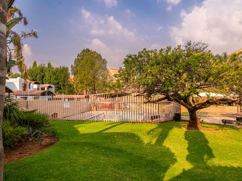 A well-maintained communal pool area featuring a fenced swimming pool, manicured lawn, and established trees within a residential apartment complex.