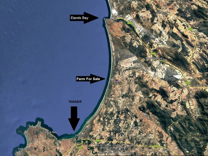 Satellite aerial view showing the coastal location of the property between Elands Bay and Velddrif.