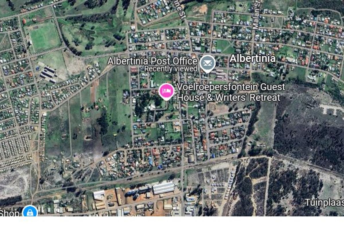 An aerial satellite view of the Albertinia residential area showing the surrounding town layout and infrastructure.