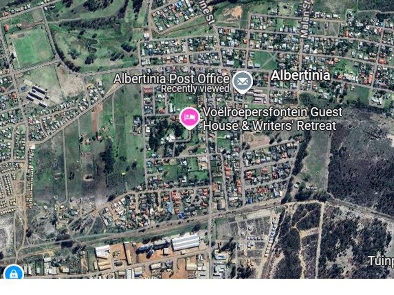 An aerial satellite view of the Albertinia residential area showing the surrounding town layout and infrastructure.