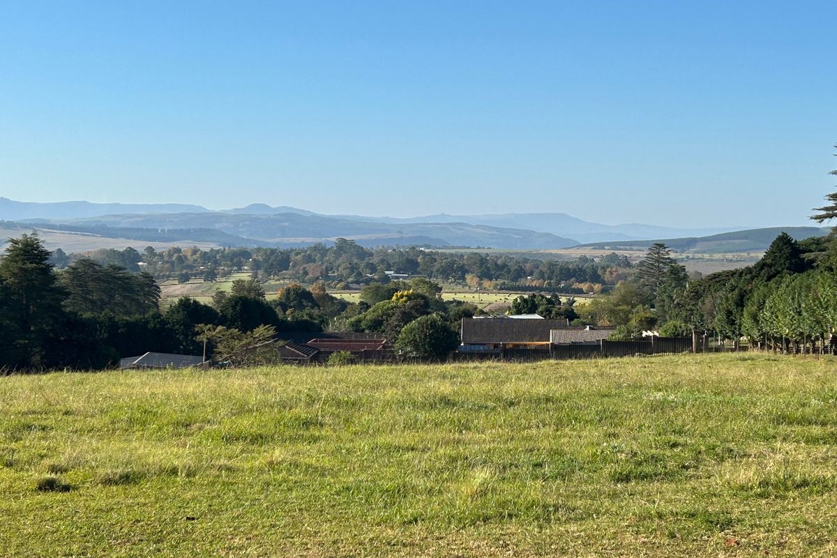 A scenic view overlooking a grassy field with mature trees and distant mountain ranges under a clear blue sky.