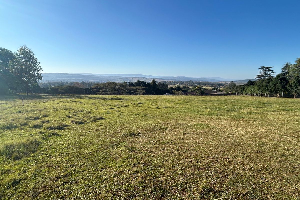 A scenic view of an expansive, gently sloping grassy plot featuring mature trees and distant mountain vistas under a clear blue sky.
