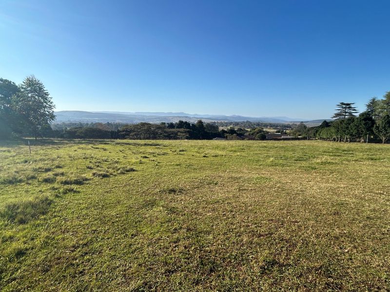 A scenic view of an expansive, gently sloping grassy plot featuring mature trees and distant mountain vistas under a clear blue sky.