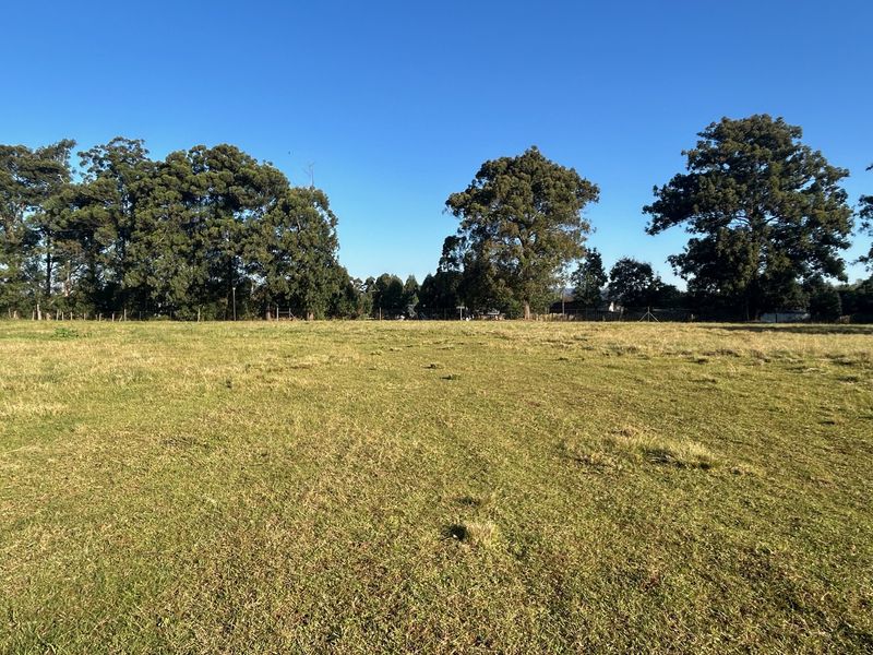 A spacious, level vacant residential plot featuring established mature trees and open grassy terrain, ideal for future development.