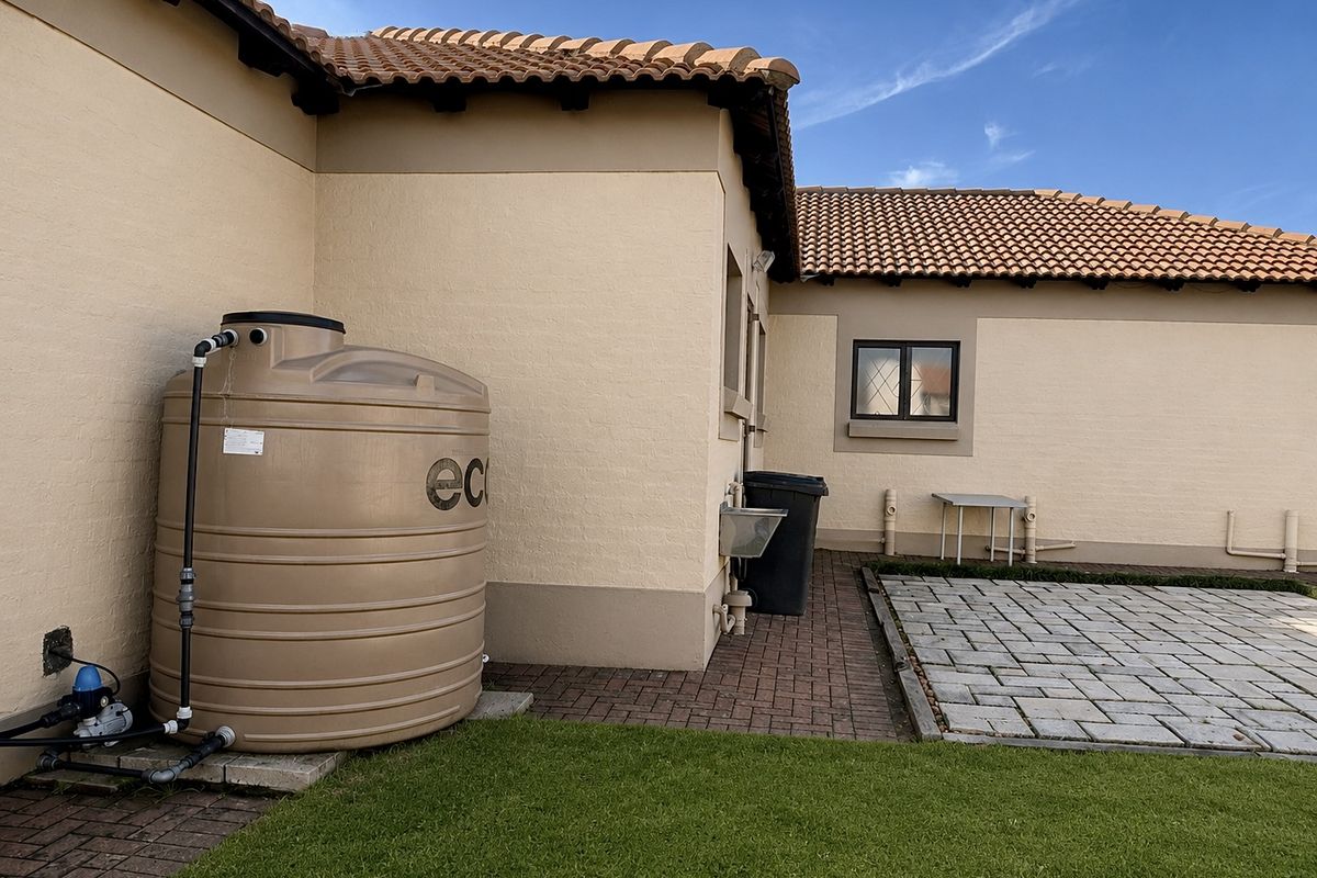 Rear exterior view featuring a water storage tank, paved patio area, and well-maintained lawn against the house facade.