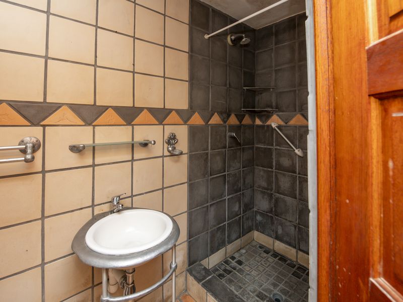 A compact bathroom featuring a pedestal basin and a tiled shower enclosure with a grab rail and decorative accent tiles.