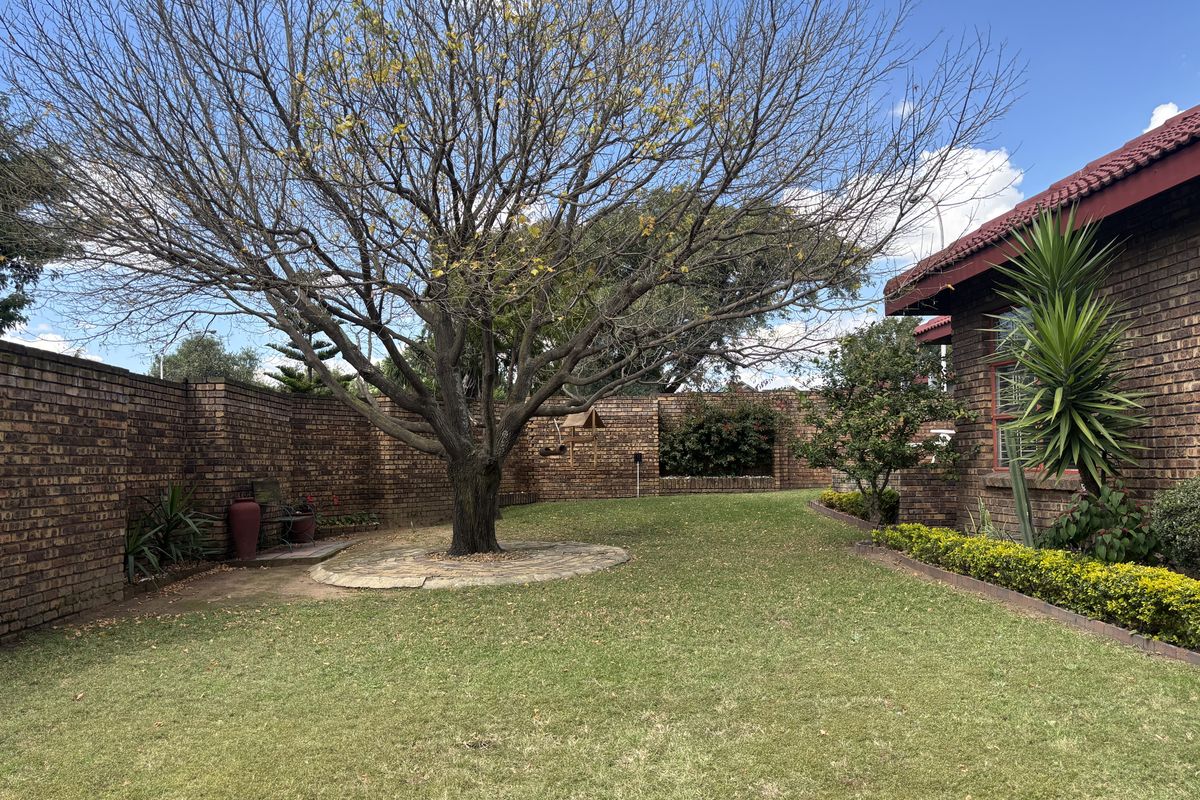 A well-maintained rear garden featuring a mature tree, paved surround, and established lawn, enclosed by a private face brick boundary wall.