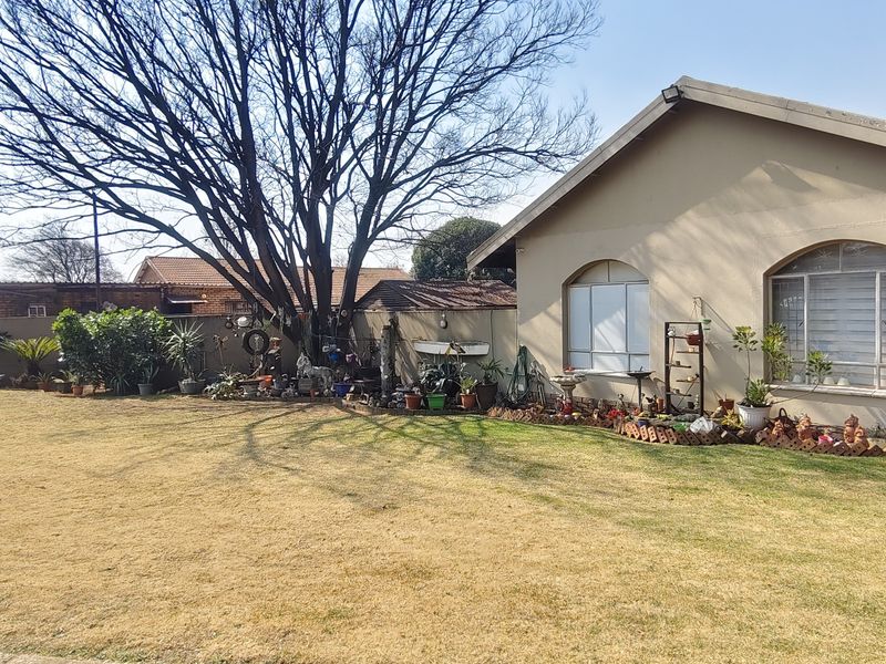 A rear garden view featuring a lawn, mature tree, and the rear facade of the house with arched windows and security bars.