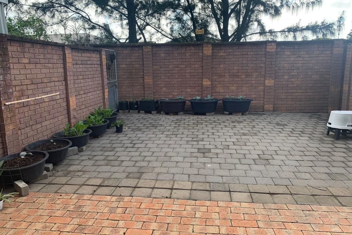 A private rear courtyard featuring paved flooring and high brick boundary walls, offering a secure and low-maintenance outdoor space.