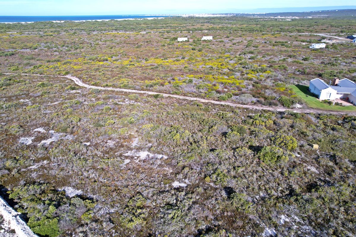 An aerial view of a large, undeveloped residential plot featuring native coastal vegetation and a dirt access road with distant ocean views.