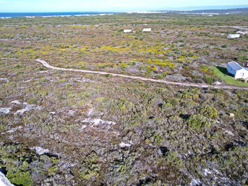 An aerial view of a large, undeveloped residential plot featuring native coastal vegetation and a dirt access road with distant ocean views.
