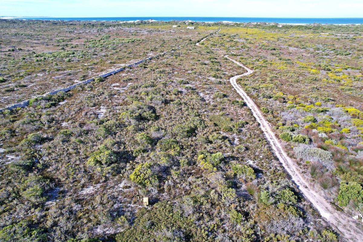 Aerial view of a large vacant residential plot featuring natural coastal vegetation, a dirt access road, and a stone boundary wall.