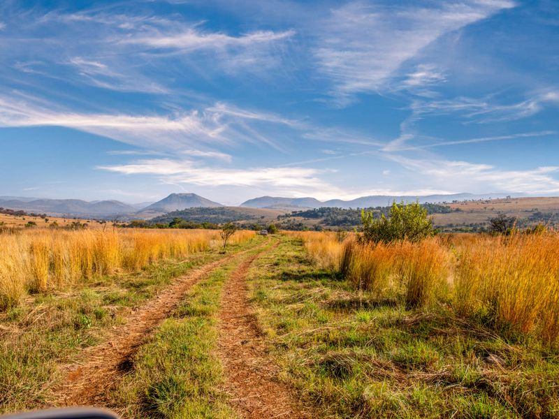 Expansive view of the small holding landscape featuring a dirt track leading through open grasslands towards distant mountains under a clear blue sky.